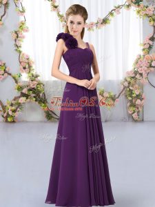 Dark Purple Empire Chiffon Straps Sleeveless Hand Made Flower Floor Length Lace Up Vestidos de Damas