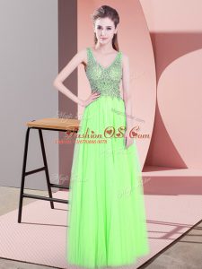V-neck Sleeveless Zipper Womens Evening Dresses Yellow Green Tulle