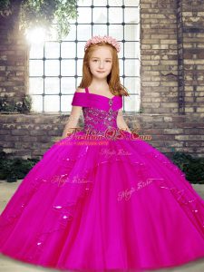 Fuchsia Ball Gowns Straps Sleeveless Tulle Floor Length Lace Up Beading Girls Pageant Dresses