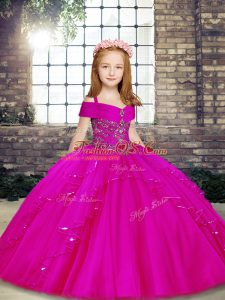 Fuchsia Ball Gowns Straps Sleeveless Tulle Floor Length Lace Up Beading Girls Pageant Dresses