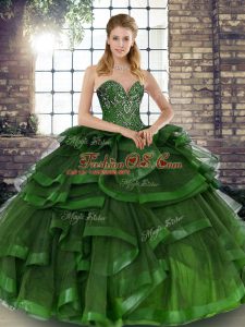 Modern Green Tulle Lace Up 15 Quinceanera Dress Sleeveless Floor Length Beading and Ruffles