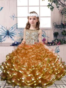 Ball Gowns Pageant Dress for Teens Brown Scoop Organza Sleeveless Floor Length Lace Up