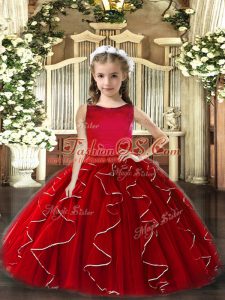 Trendy Red Ball Gowns Tulle Scoop Sleeveless Ruffles Floor Length Lace Up Little Girls Pageant Dress Wholesale