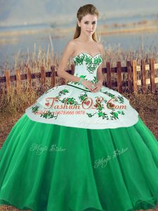 Gorgeous Green Lace Up Sweetheart Embroidery and Bowknot Quince Ball Gowns Tulle Sleeveless