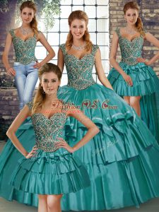 Pretty Teal Lace Up Straps Beading and Ruffled Layers 15 Quinceanera Dress Taffeta Sleeveless