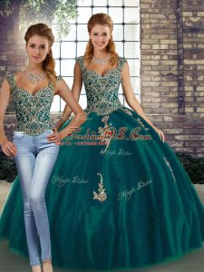 Peacock Green Sleeveless Tulle Lace Up Quinceanera Dress for Military Ball and Sweet 16 and Quinceanera