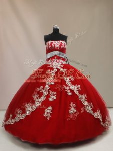 Spectacular Sleeveless Tulle Floor Length Lace Up Quince Ball Gowns in Red with Appliques