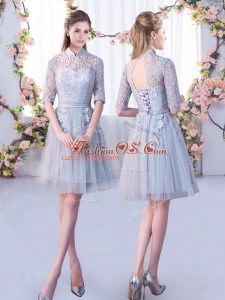 Luxurious Grey High-neck Neckline Lace Court Dresses for Sweet 16 Half Sleeves Lace Up