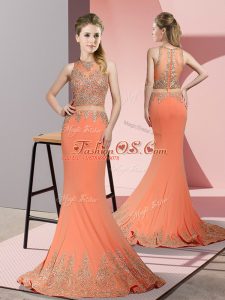 Exceptional High-neck Sleeveless Sweep Train Zipper Homecoming Dress Orange Red Satin