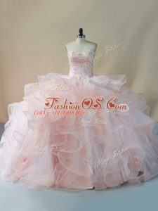 Perfect Pink Ball Gowns Sweetheart Sleeveless Tulle Brush Train Lace Up Beading and Ruffles and Hand Made Flower Sweet 16 Quinceanera Dress