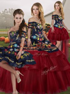 High Class Tulle Off The Shoulder Sleeveless Brush Train Lace Up Embroidery and Ruffled Layers Quinceanera Gown in Wine Red