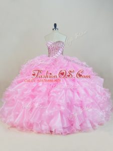 Sweet Organza Sweetheart Sleeveless Lace Up Beading and Ruffles Sweet 16 Quinceanera Dress in Baby Pink