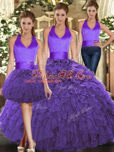 Purple Sleeveless Ruffles Floor Length Quince Ball Gowns