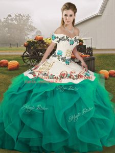 Embroidery and Ruffles Sweet 16 Dress Turquoise Lace Up Sleeveless Floor Length