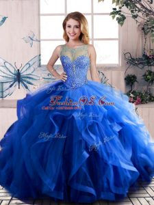 Suitable Sleeveless Tulle Floor Length Lace Up 15th Birthday Dress in Royal Blue with Beading and Ruffles