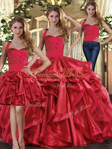 Luxury Sleeveless Organza Floor Length Lace Up Quince Ball Gowns in Red with Ruffles