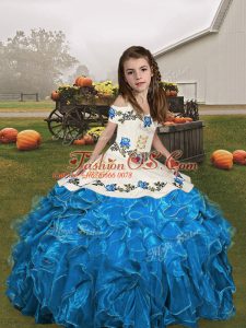 Lovely Embroidery and Ruffles Pageant Dress Toddler Blue and Baby Blue Lace Up Sleeveless Floor Length