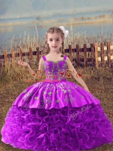 Lilac Girls Pageant Dresses Fabric With Rolling Flowers Sweep Train Sleeveless Embroidery