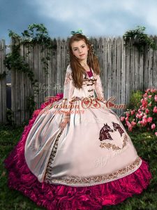 White Lace Up Pageant Dress for Teens Embroidery and Ruffles Sleeveless Sweep Train