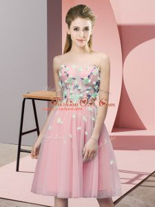 Shining Pink Empire Sweetheart Sleeveless Tulle Knee Length Lace Up Appliques Dama Dress for Quinceanera