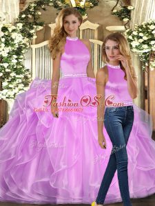 Lilac Halter Top Backless Beading and Ruffles Sweet 16 Dress Sleeveless