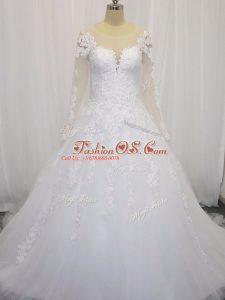 Best Selling White A-line Beading and Lace Wedding Gown Zipper Tulle Long Sleeves