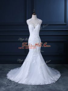 Free and Easy White Mermaid Tulle Scoop Sleeveless Beading and Lace Backless Wedding Dress Brush Train