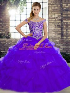 Pretty Purple Ball Gowns Off The Shoulder Sleeveless Tulle Brush Train Lace Up Beading and Pick Ups Quinceanera Dresses