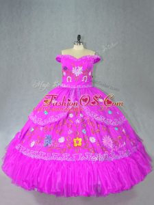 Fuchsia Satin Lace Up Quinceanera Dresses Sleeveless Floor Length Embroidery