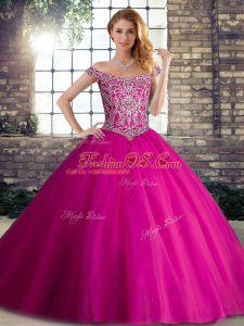 Designer Off The Shoulder Sleeveless Sweet 16 Dresses Brush Train Beading Fuchsia Tulle
