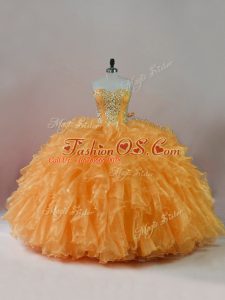 Floor Length Lace Up Quinceanera Gown Orange for Sweet 16 and Quinceanera with Beading and Ruffles