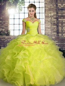 Elegant Sleeveless Floor Length Beading and Ruffles Lace Up 15th Birthday Dress with Yellow Green