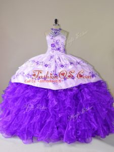 Fitting Embroidery and Ruffles Vestidos de Quinceanera Purple Lace Up Sleeveless Court Train