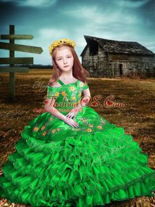 Admirable Floor Length Green Girls Pageant Dresses Off The Shoulder Short Sleeves Lace Up