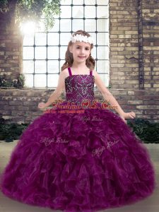 Popular Fuchsia Ball Gowns Organza Straps Sleeveless Beading and Ruffles Floor Length Lace Up Little Girls Pageant Dress Wholesale