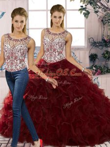 Beading and Ruffles Ball Gown Prom Dress Burgundy Lace Up Sleeveless Floor Length