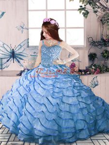 Floor Length Blue Little Girls Pageant Gowns Organza Court Train Sleeveless Beading and Ruffled Layers