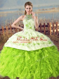 Fashion Vestidos de Quinceanera Sweet 16 and Quinceanera with Embroidery and Ruffles Halter Top Sleeveless Court Train Lace Up