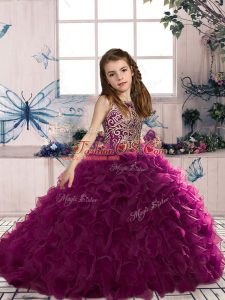 Modern Fuchsia Sleeveless Floor Length Beading and Ruffles Lace Up Child Pageant Dress