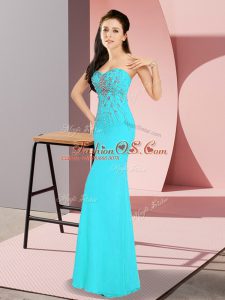 Amazing Aqua Blue Zipper Prom Dresses Beading Sleeveless Floor Length