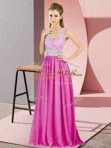 V-neck Sleeveless Mother Of The Bride Dress Beading and Lace Hot Pink Chiffon