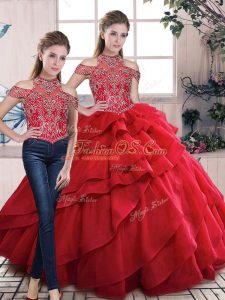 Attractive Beading and Ruffles Lace Up Quinceanera Gowns with Red