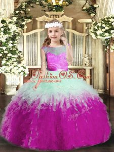 Exquisite Multi-color Tulle Backless Evening Gowns Sleeveless Floor Length Ruffles