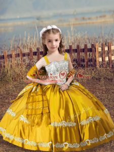 Custom Fit Ball Gowns Pageant Dress for Teens Gold Straps Satin Sleeveless Floor Length Lace Up