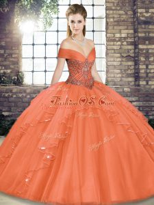 Wonderful Off The Shoulder Sleeveless Tulle Ball Gown Prom Dress Beading and Ruffles Lace Up