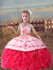 Latest Coral Red Sleeveless Organza Lace Up Kids Formal Wear for Wedding Party