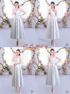 Noble Silver Sleeveless Tea Length Appliques Lace Up Dama Dress for Quinceanera