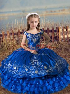 Great Royal Blue Off The Shoulder Lace Up Embroidery and Ruffled Layers Little Girl Pageant Dress Sleeveless