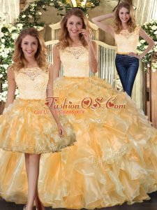 Exceptional Three Pieces Quince Ball Gowns Gold Scoop Organza Sleeveless Floor Length Clasp Handle