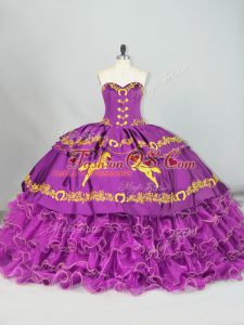 Beauteous Purple Ball Gowns Embroidery and Ruffles Quinceanera Dress Lace Up Satin and Organza Sleeveless